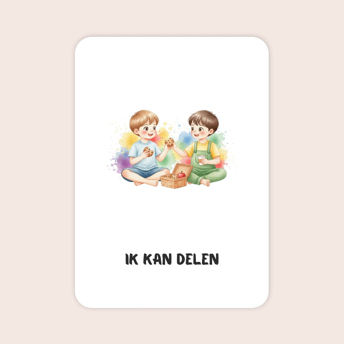 Affirmatiekaart voor jongens uit de set Kleine wonderen voor kleuters met de tekst: ‘Ik kan delen’