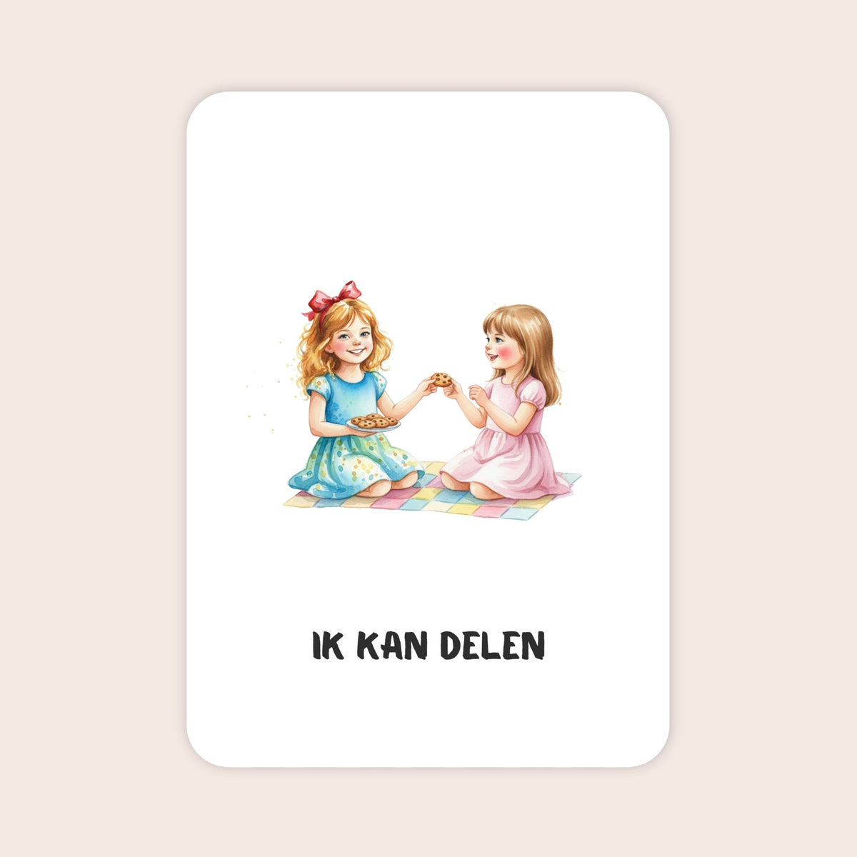 Affirmatiekaart voor meisjes uit de set Kleine wonderen voor kleuters met de tekst: ‘Ik kan delen’