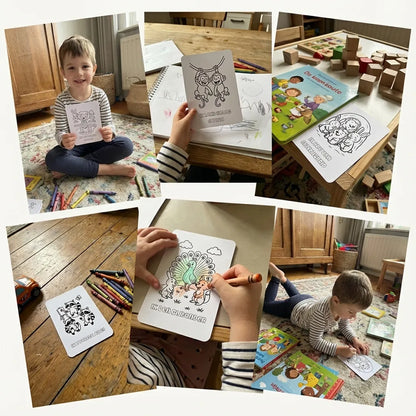 Collage van A6 kleurplaten met affirmaties en bosdieren voor kleuters, speels en creatief gepresenteerd