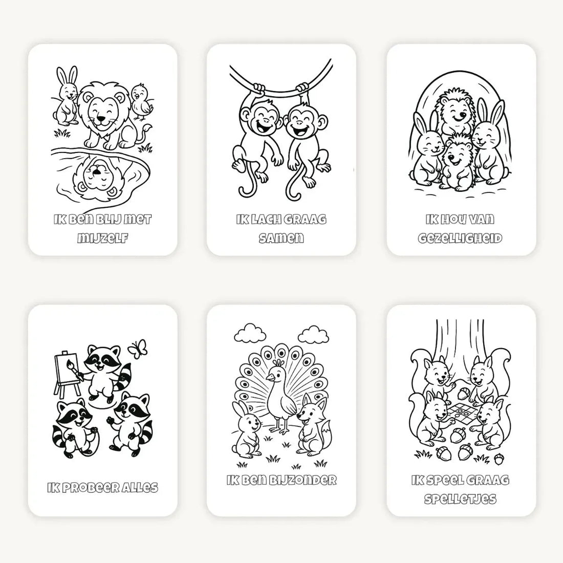 Flatlay van zes A6 kleurplaten met affirmaties en bosdieren op lichte achtergrond