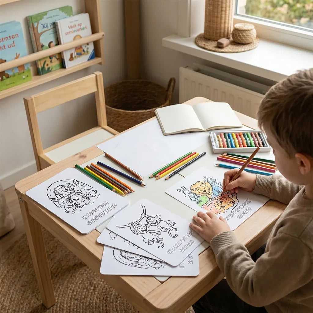 Kleuter die A6 kleurplaat met affirmatie en bosdieren inkleurt aan lage tafel