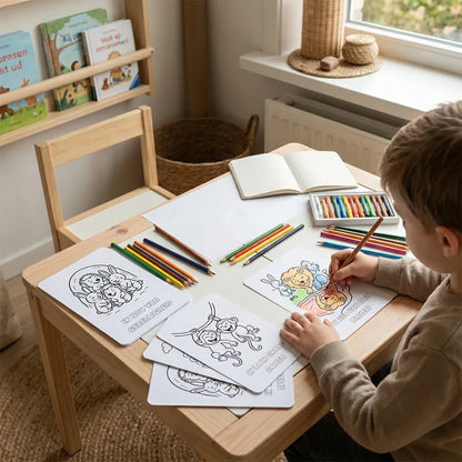 Kleuter die A6 kleurplaat met affirmatie en bosdieren inkleurt aan lage tafel