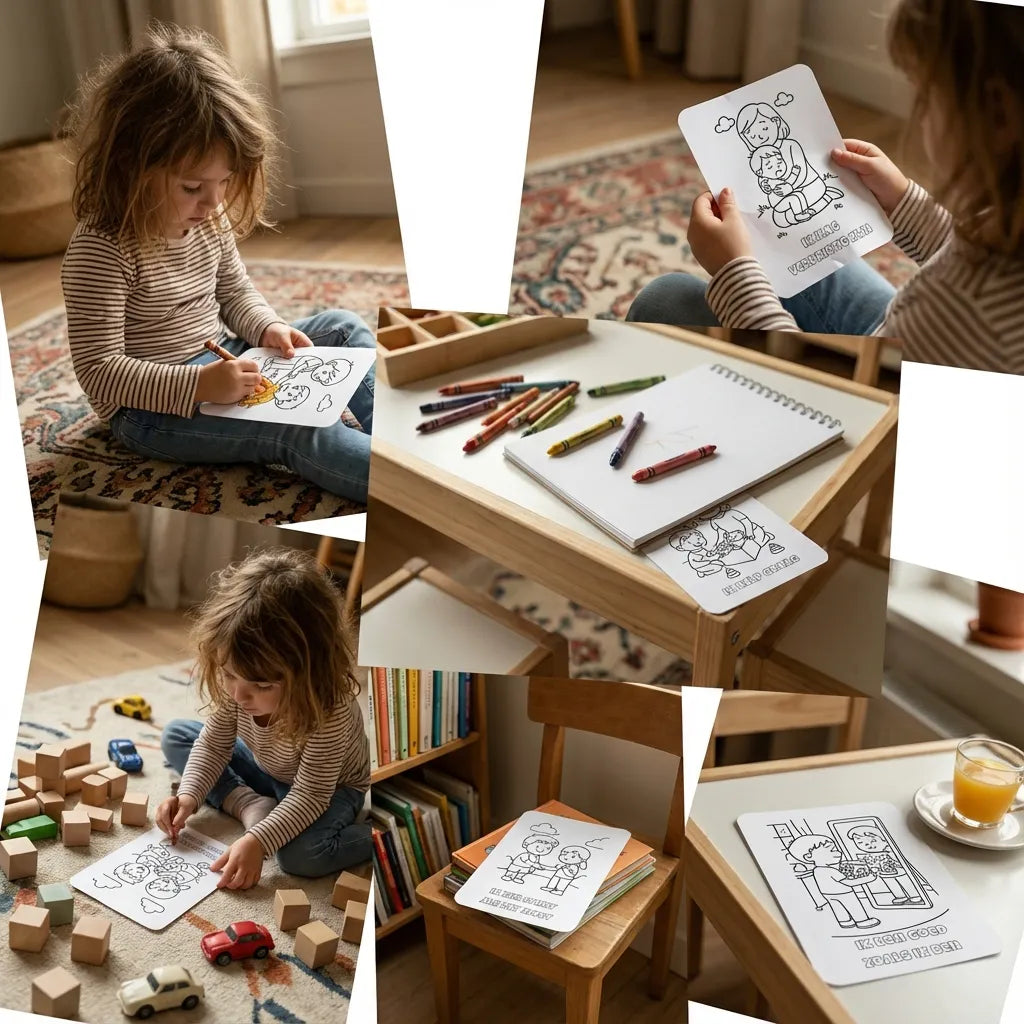 Speelse collage van A6 kleurplaten met affirmaties voor kleuters, gebruikt tijdens creatieve momenten met potloden en tekenmateriaal