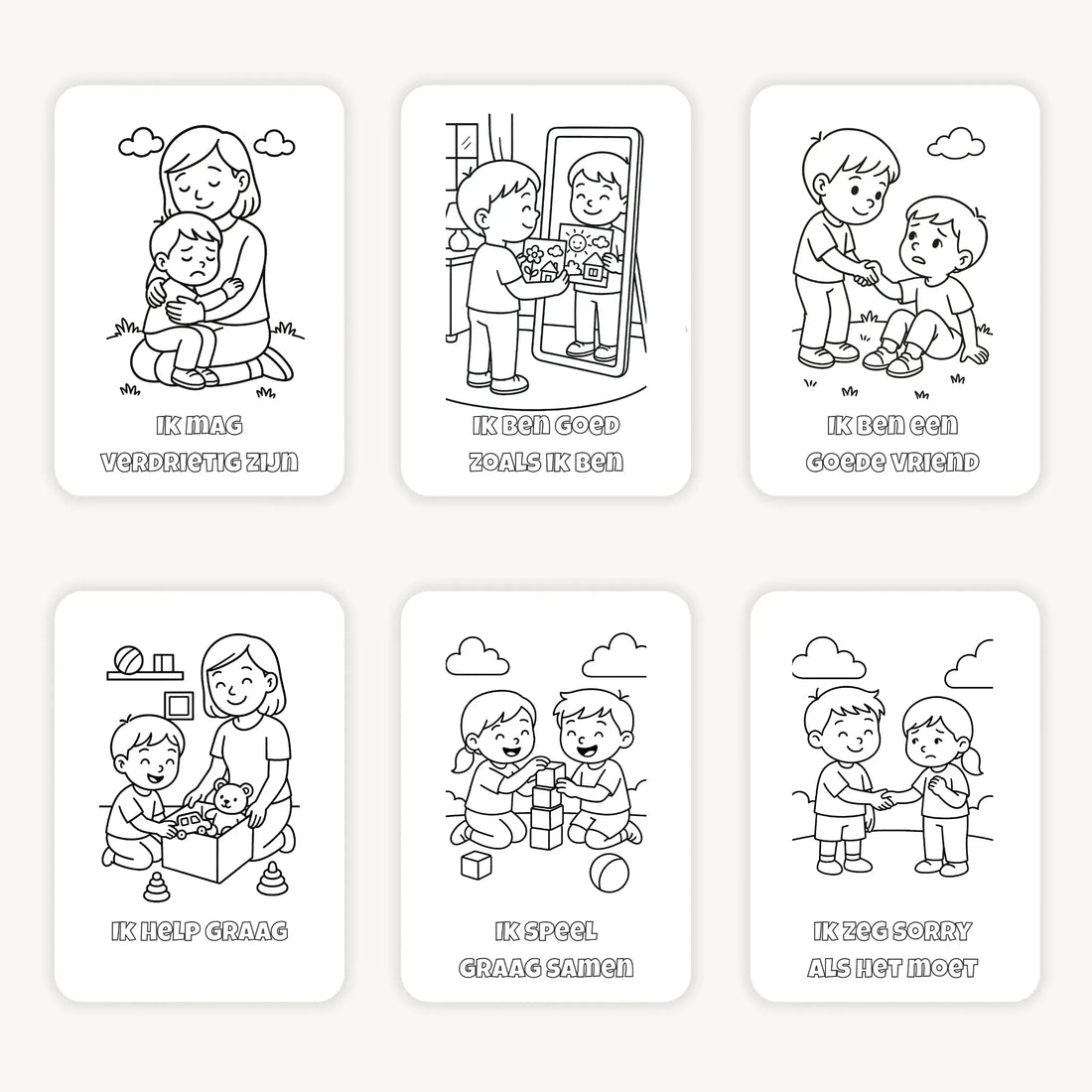 Flatlay van zes A6 kleurplaten met affirmaties voor kleuters op een lichte achtergrond