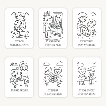 Flatlay van zes A6 kleurplaten met affirmaties voor kleuters op een lichte achtergrond