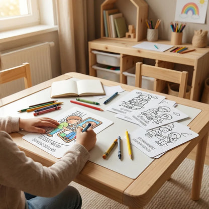 A6 kleurplaten met affirmaties voor kleuters in gebruik door een kind tijdens een rustig creatief moment