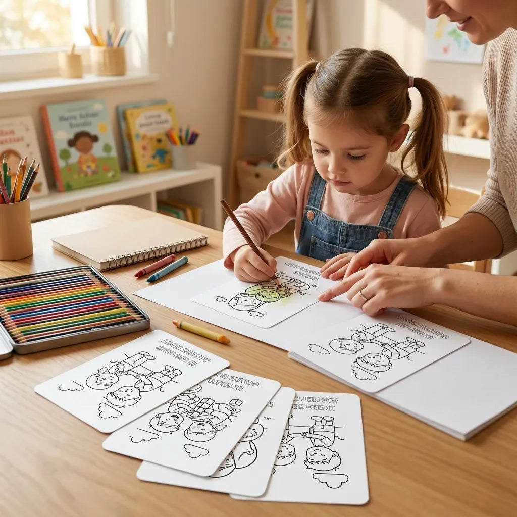 Kleurplaten met affirmaties voor kleuters gebruikt samen met een ouder tijdens een begeleidend en rustig tekenmoment