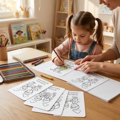 Kleurplaten met affirmaties voor kleuters gebruikt samen met een ouder tijdens een begeleidend en rustig tekenmoment
