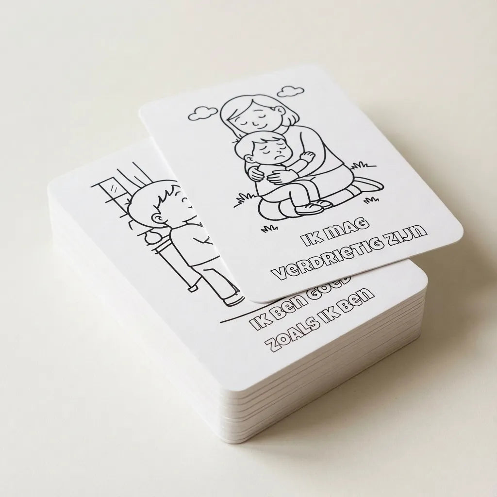 Stapel A6 kleurplaten met affirmaties voor kleuters, overzicht van de complete interactieve set