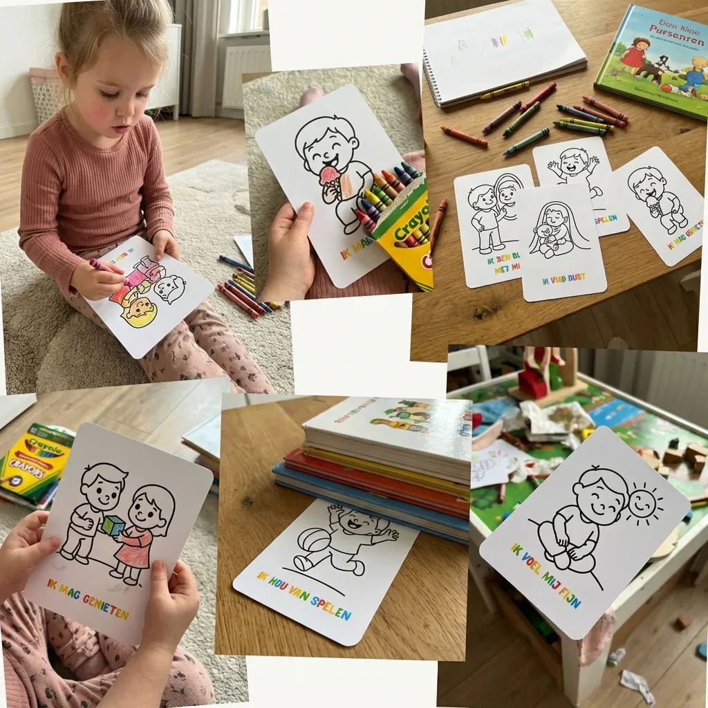 Collage van A6 affirmatie kleurplaten voor peuters, speels en uitnodigend gepresenteerd