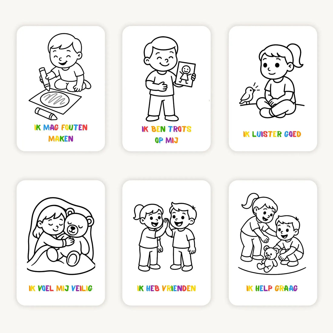 Flatlay van zes A6 kleurplaten met affirmaties voor peuters op lichte achtergrond