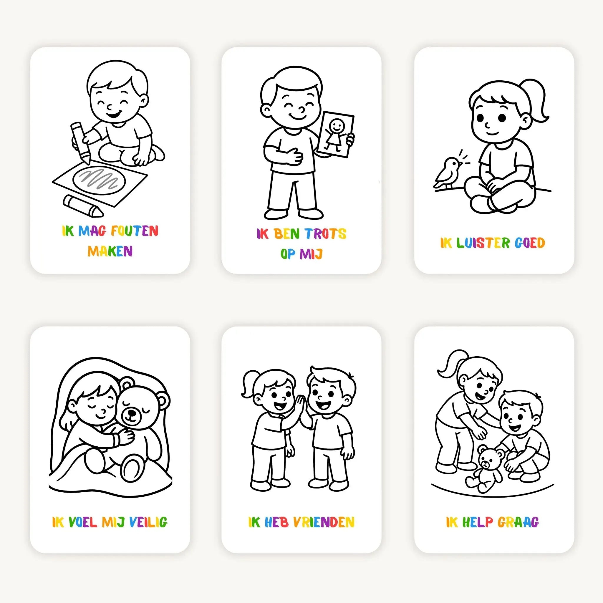 Flatlay van zes A6 kleurplaten met affirmaties voor peuters op lichte achtergrond