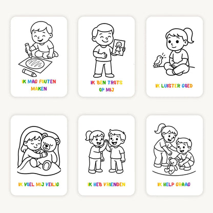 Flatlay van zes A6 kleurplaten met affirmaties voor peuters op lichte achtergrond