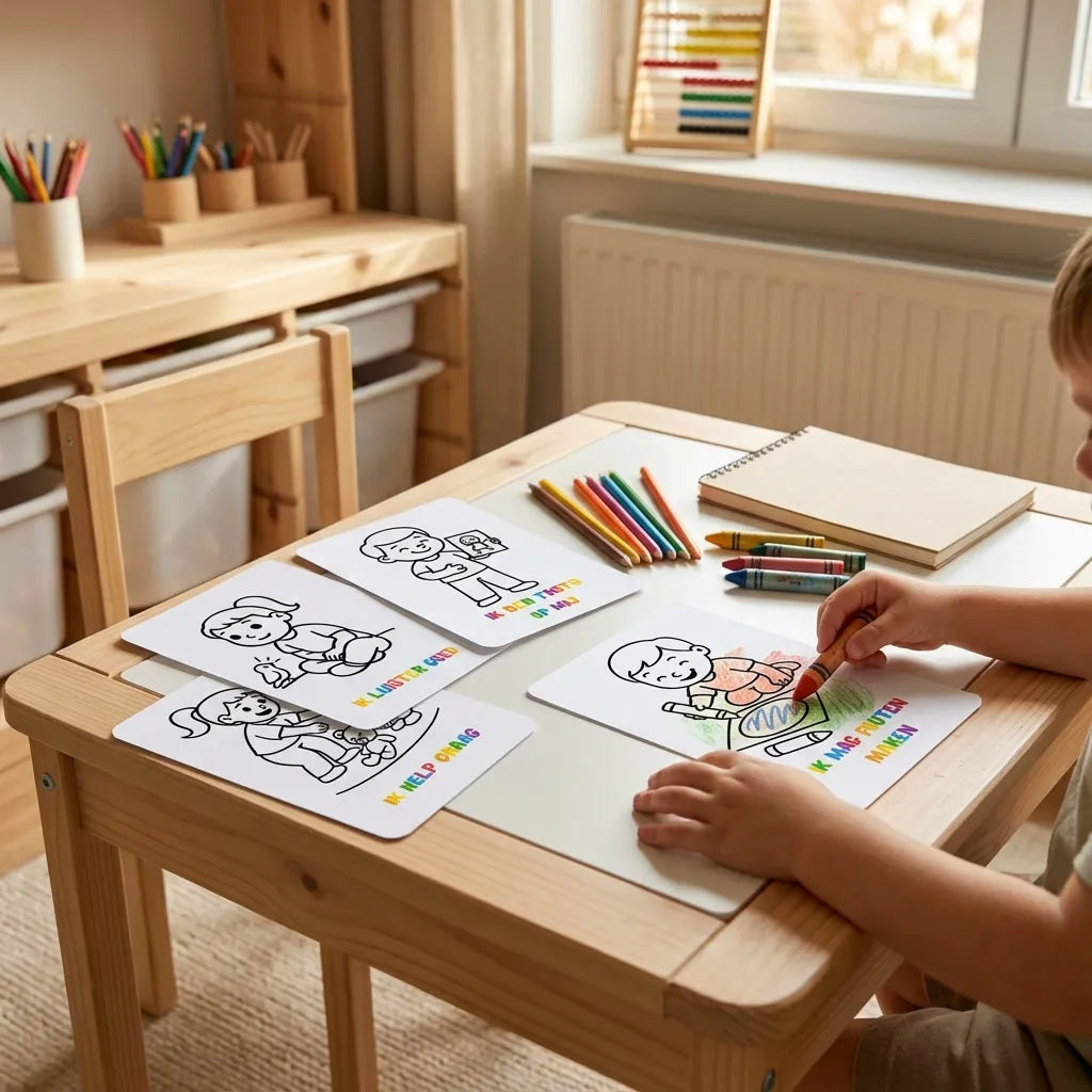 Peuter die A6 affirmatie kleurplaat inkleurt ter bevordering van creativiteit en zelfvertrouwen