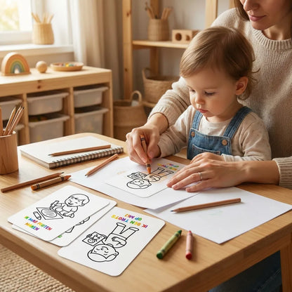 Ouder en peuter samen bezig met A6 affirmatie kleurplaten gericht op creativiteit