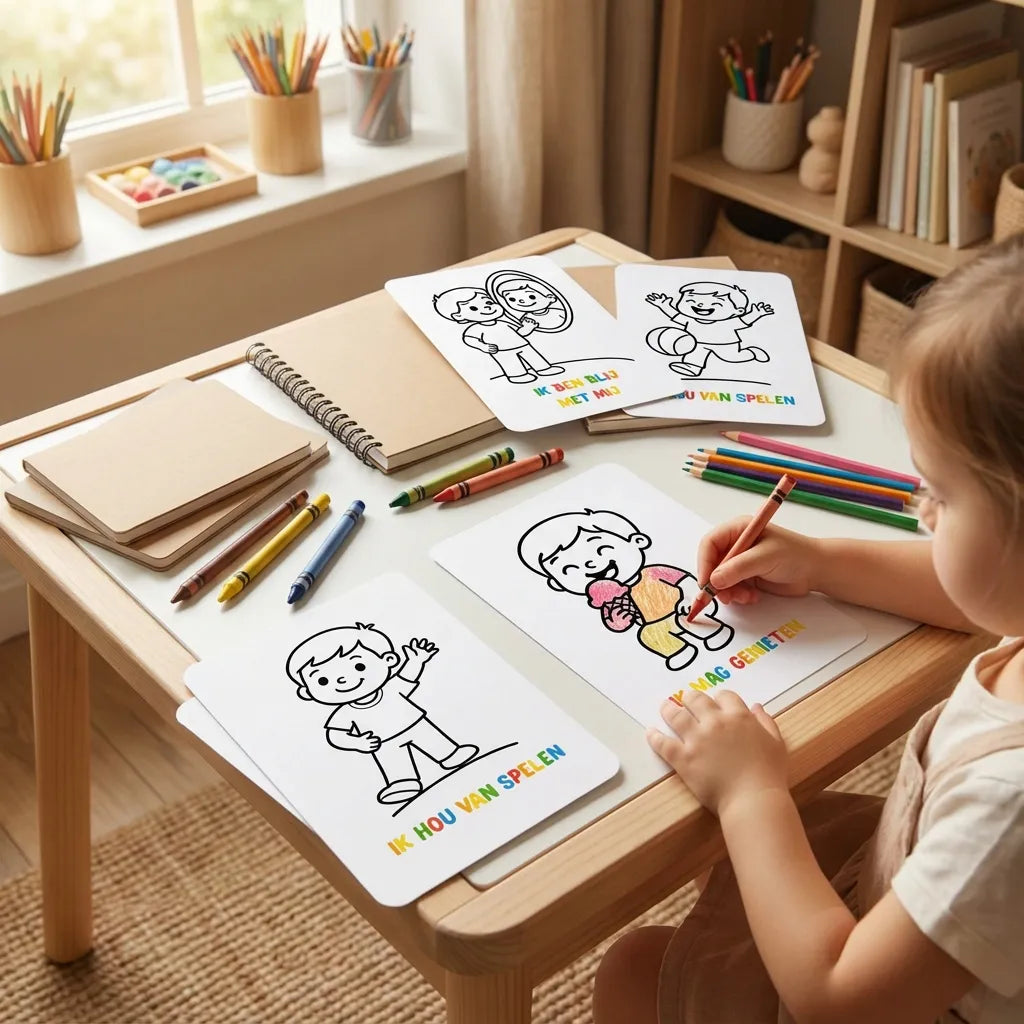 Peuter die A6 affirmatie kleurplaat inkleurt aan lage tafel