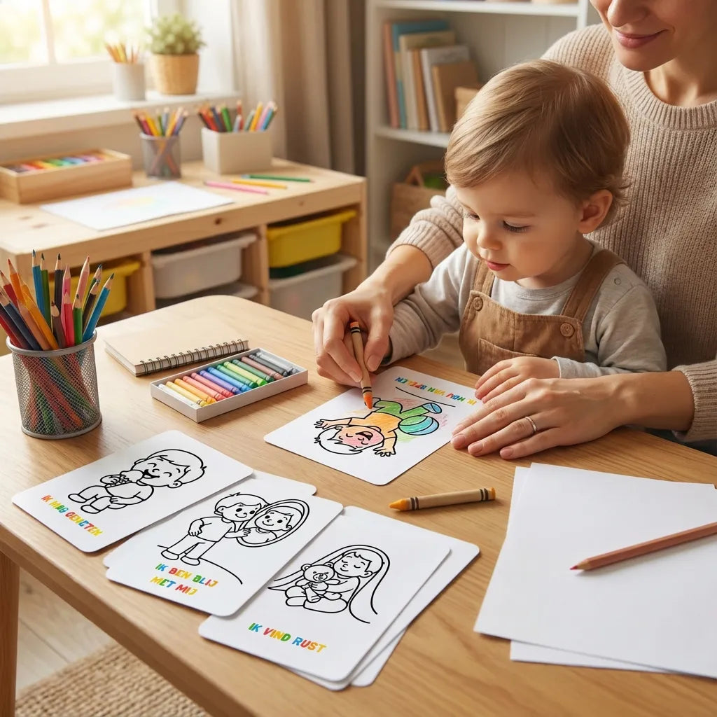 Ouder en peuter samen bezig met A6 affirmatie kleurplaten voor zelfvertrouwen