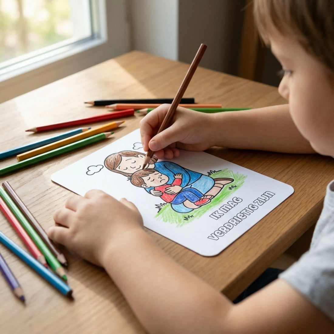 Een kleuter die  affirmatie-kleurplaten met kinderen inkleurt aan een tafel, met potloden en een rustige creatieve sfeer