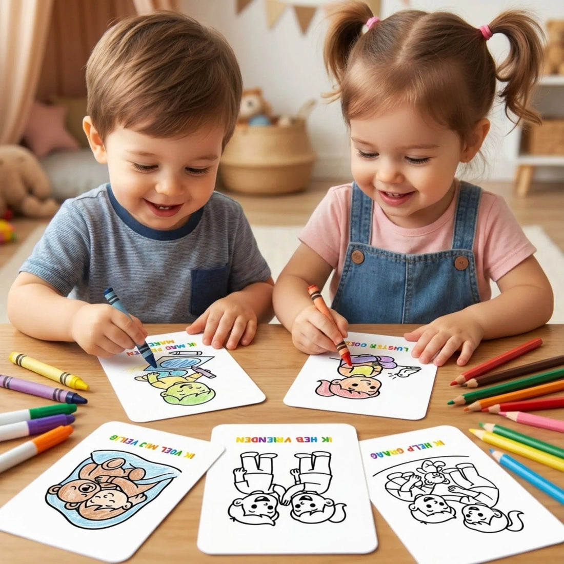 Twee peuters die samen affirmatie-kleurplaten inkleuren aan een tafel, met potloden en een rustige creatieve sfeer