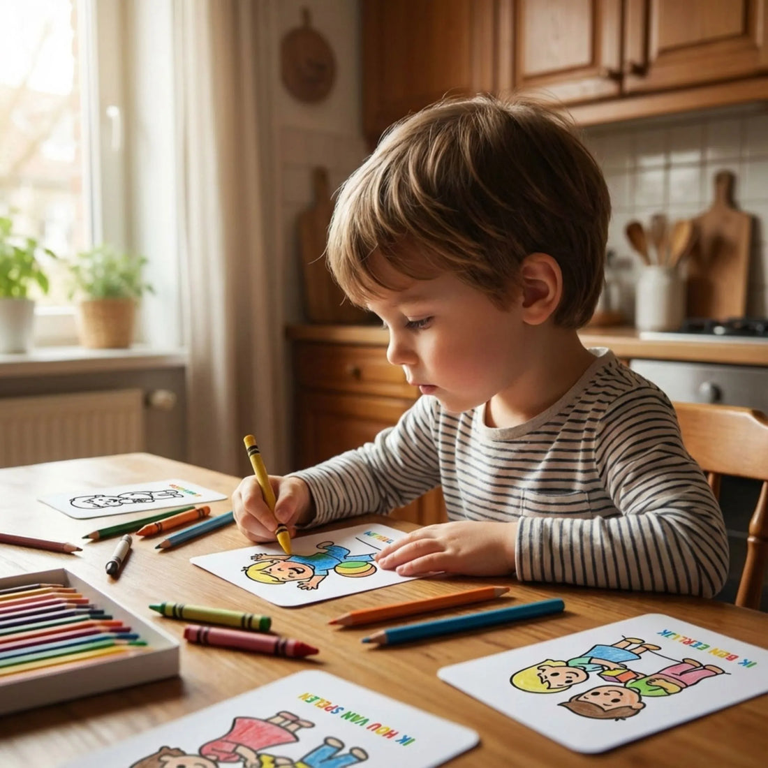 Een peuter die affirmatie-kleurplaten inkleurt aan een tafel, met potloden en een rustige creatieve sfeer