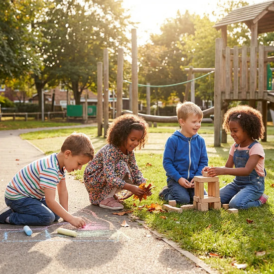 Kleuters van 4 tot 6 jaar die buiten samen spelen in een vrolijke, natuurlijke omgeving