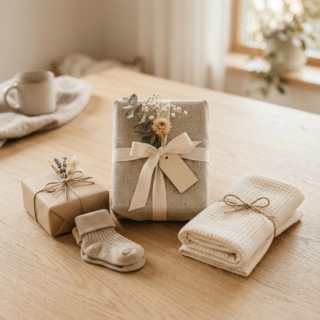 Sfeervolle collectie-afbeelding van cadeausets voor zwangerschap en kraamtijd, met stijlvol ingepakte geschenken in een warme en liefdevolle uitstraling.
