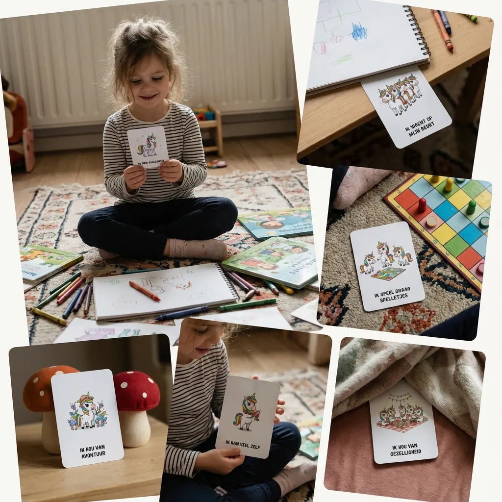 Speelse collage van A7 magische affirmatiekaarten voor kleuters met eenhoorns, gericht op zelfvertrouwen