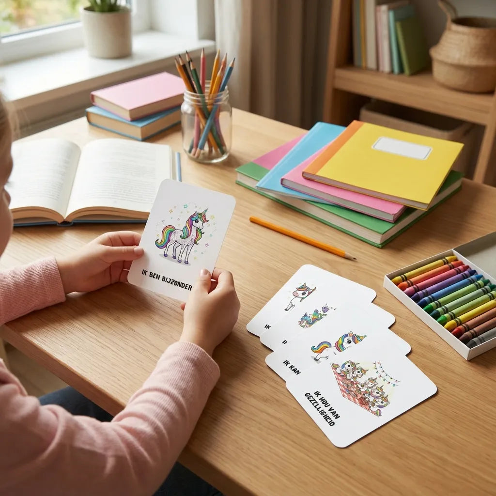 Kleuter van vijf jaar gebruikt een A7 magische affirmatiekaart met eenhoorn voor zelfvertrouwen tijdens een speelmoment