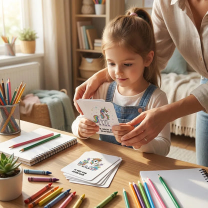 Ouder en kleuter gebruiken samen A7 magische affirmatiekaarten voor kleuters met eenhoorns, gericht op zelfvertrouwen