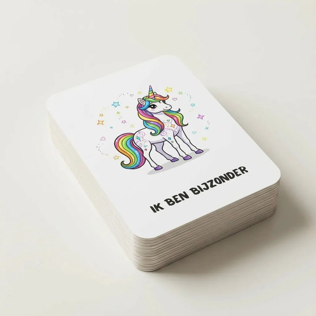 Stapel A7 magische affirmatiekaarten voor kleuters met eenhoorns, gericht op zelfvertrouwen