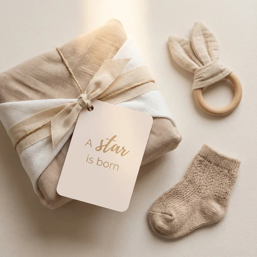 Mini babykaart met afgeronde hoeken aan kraamcadeau met babysokje en houten bijtring