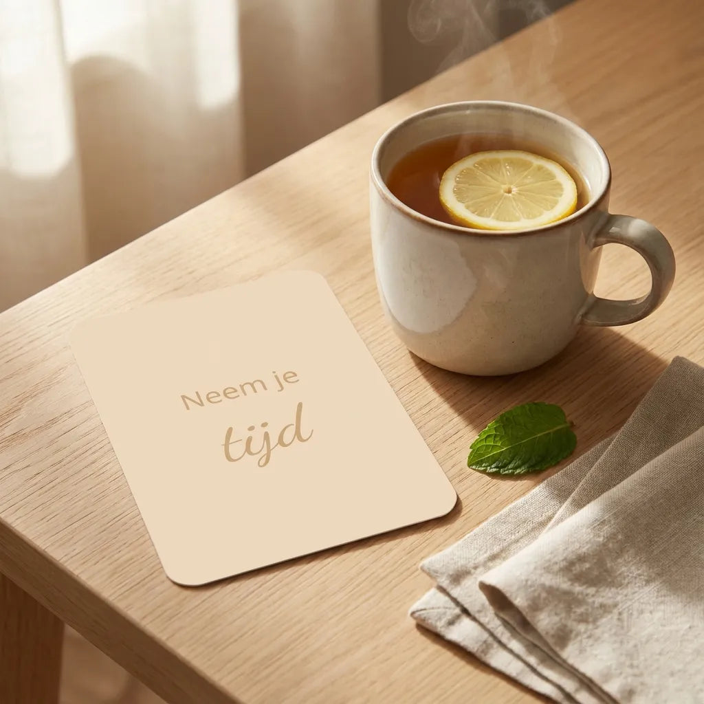 Mini beterschapskaart met afgeronde hoeken naast mok thee, zakdoekjes en muntblaadje op houten tafel