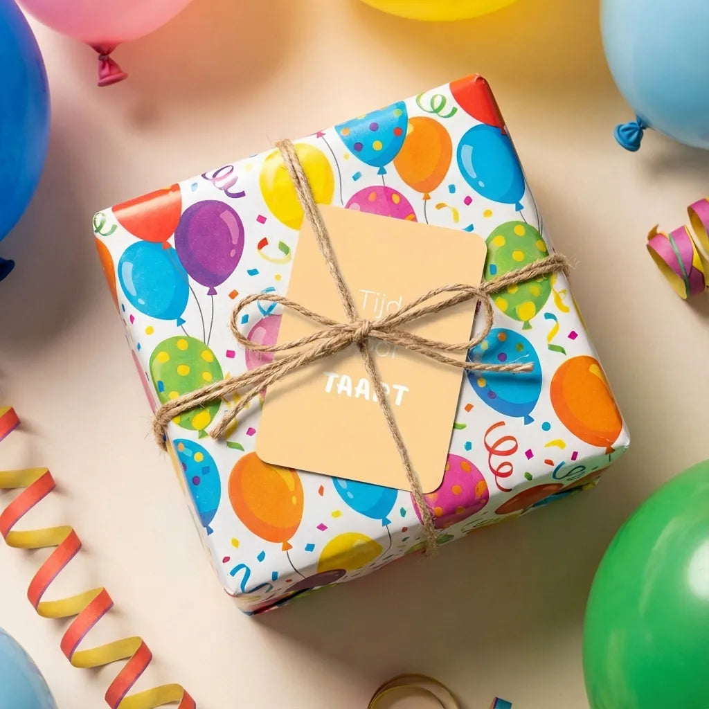 Mini verjaardagskaart met afgeronde hoeken bevestigd aan ingepakt cadeautje met feestdecoratie