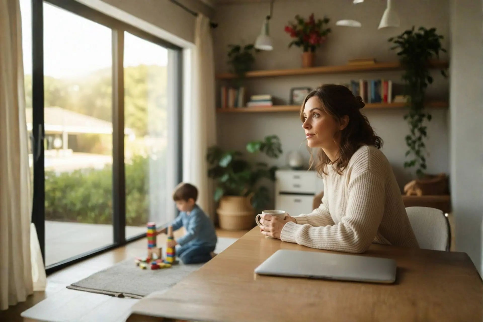 Moeder zit aan tafel terwijl haar kind op de achtergrond speelt - warme, huiselijke sfeer die balans tussen werk en gezin uitstraalt.
