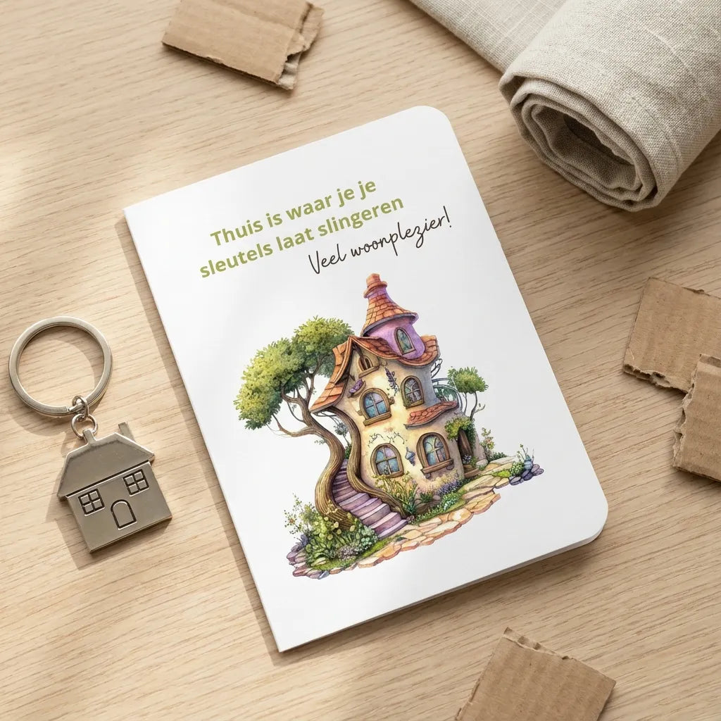 Nieuwe woning kaart met afgeronde hoeken op houten achtergrond met sleutelbos en huisvormige sleutelhanger