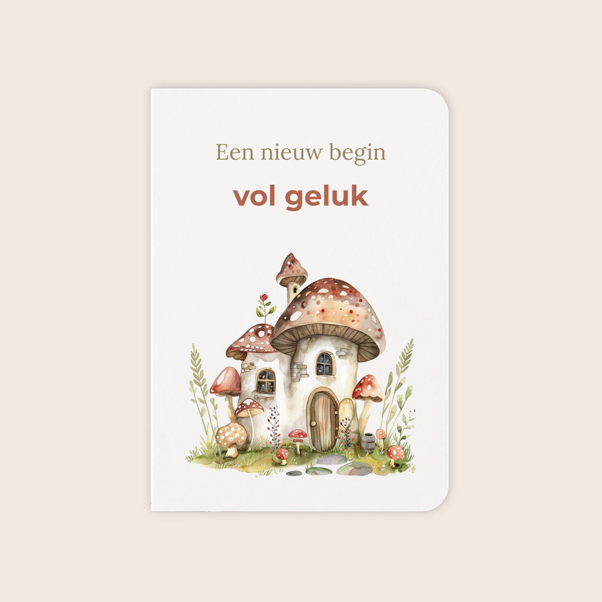 Felicitatiekaart voor een nieuwe woning met paddenstoelenhuis