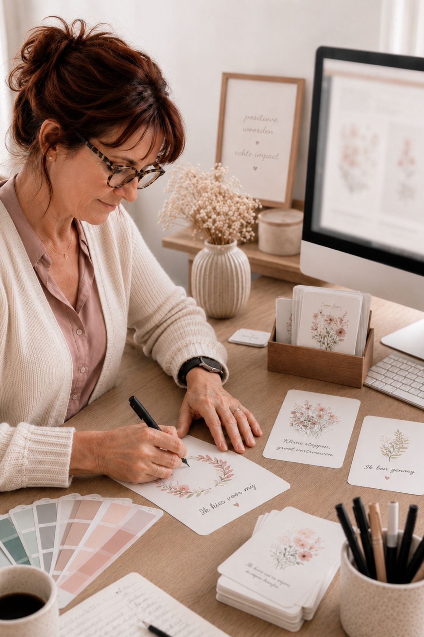 Helma van Sam-fun ontwerpt affirmatiekaarten aan haar werktafel met kaartjes, kleurstalen en zachte neutrale tinten.