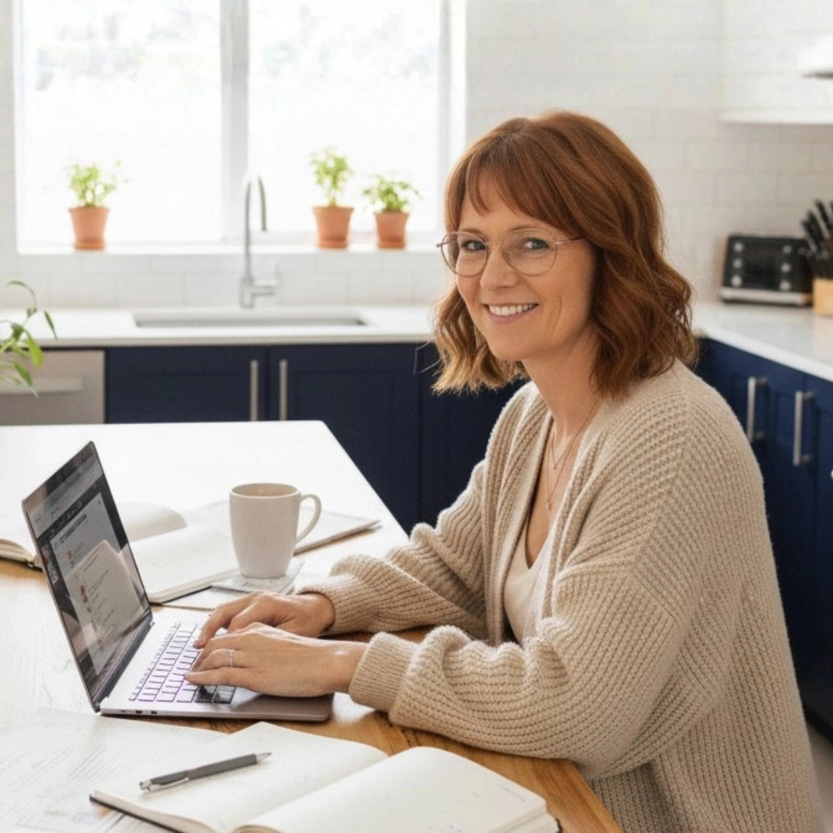 Helma die achter haar laptop werkt aan de keukentafel.