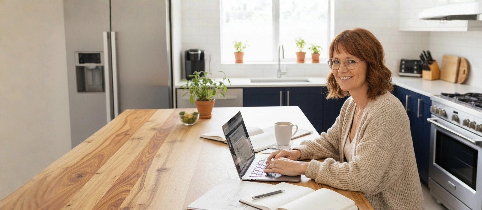 Helma die achter haar laptop werkt aan de keukentafel.