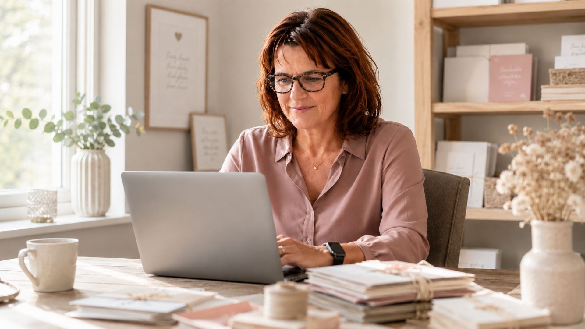 Helma van Sam-fun aan het werk achter haar laptop in een warm atelier met handgemaakte kaarten en zachte neutrale tinten.