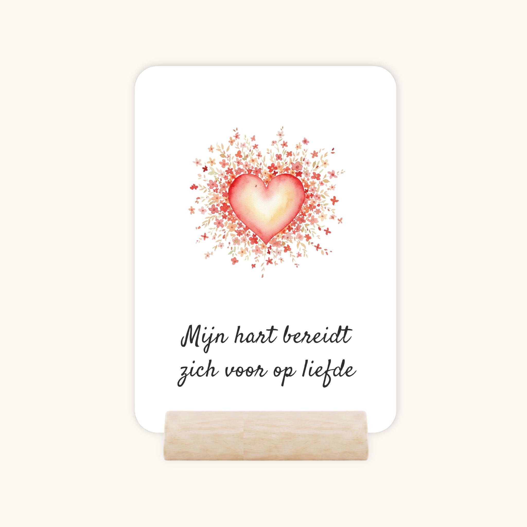 Affirmatiekaart met bloemenhart in een houten kaarthouder van Sam-fun