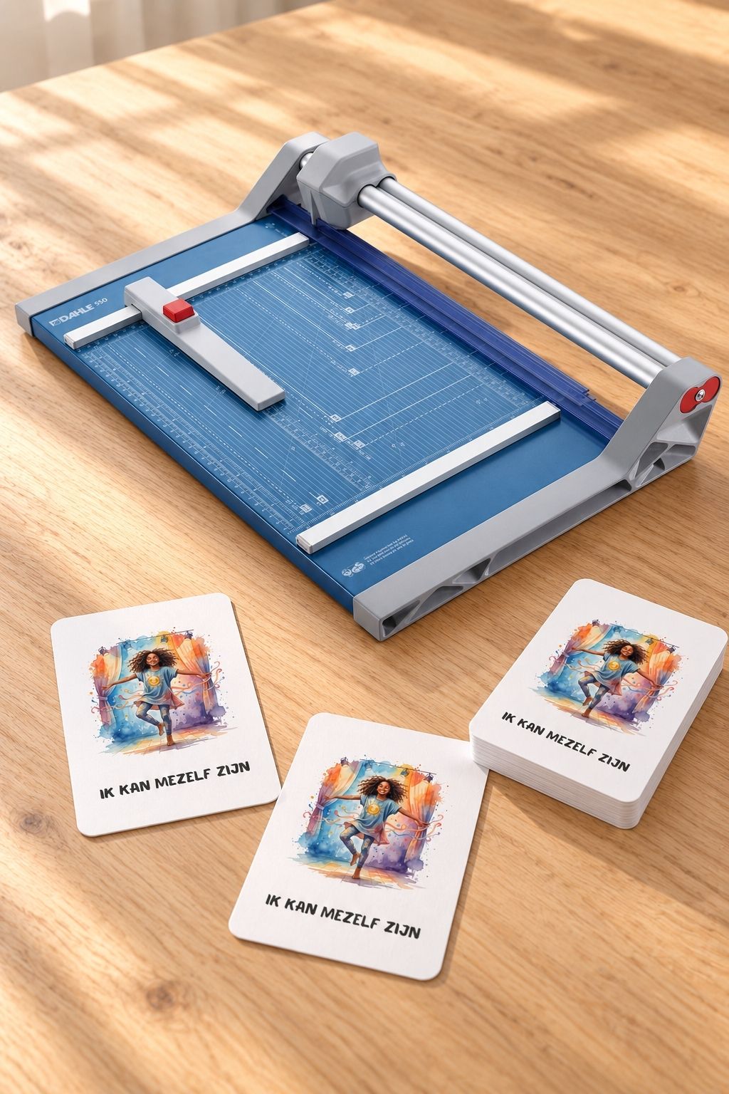 Blauw snijapparaat met losse affirmatiekaarten en een stapeltje afgewerkte kaarten op een houten werktafel.