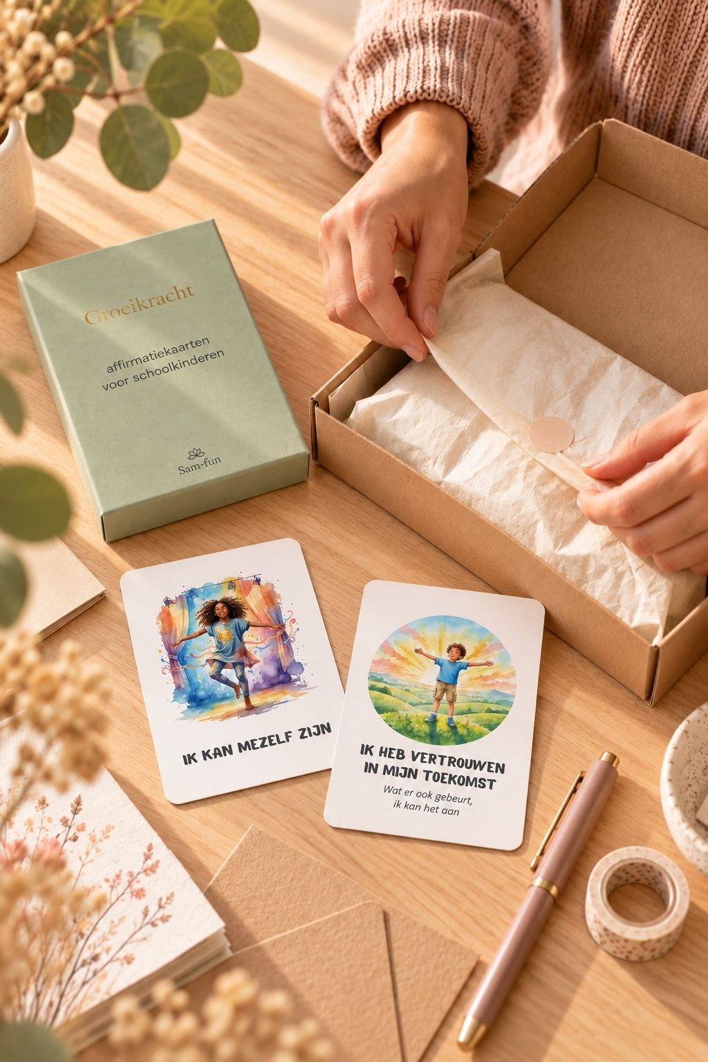 Sam-fun bestelling wordt ingepakt met affirmatiekaarten voor schoolkinderen, vloeipapier en een kraft verzenddoos