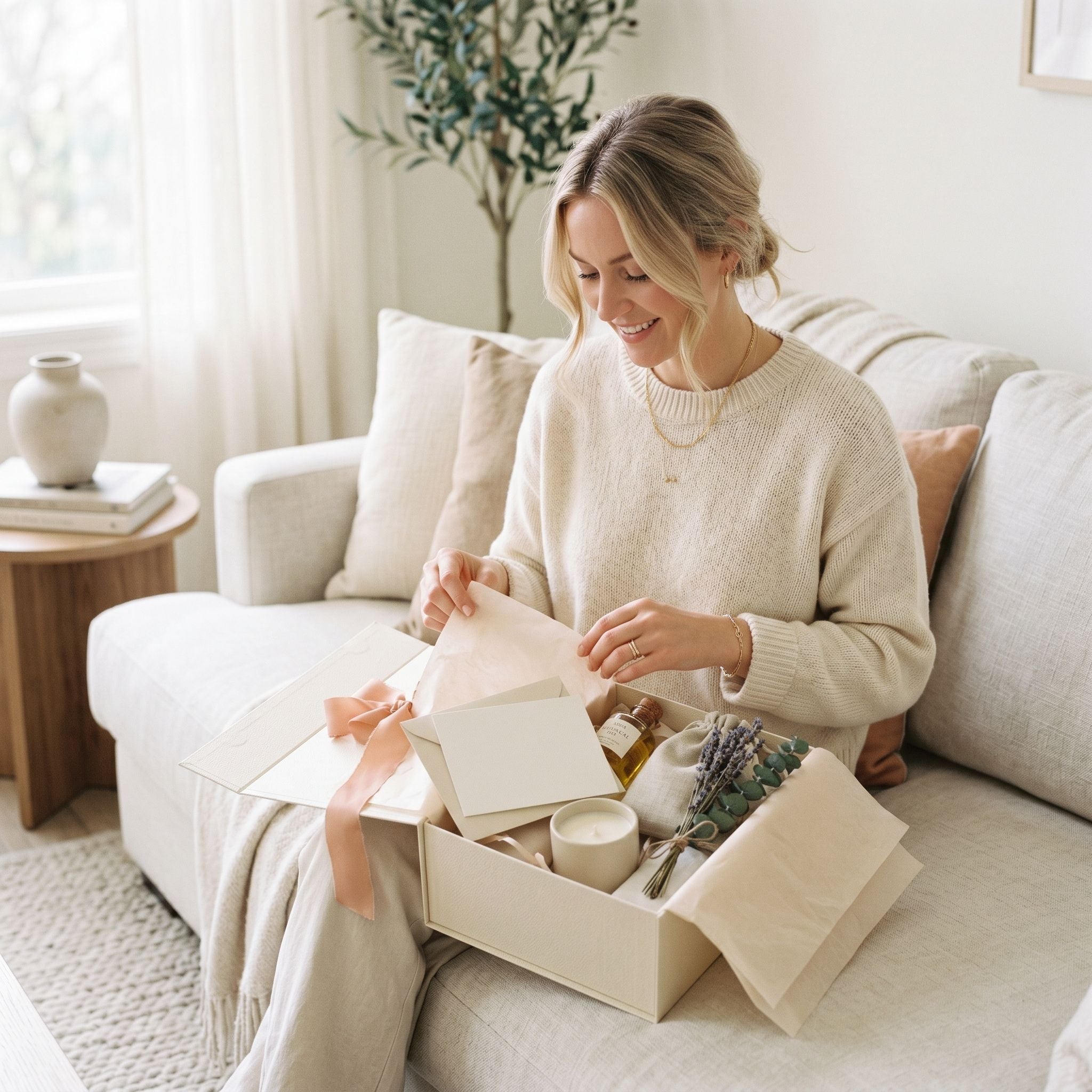 Luxe lichte cadeauset wordt geopend in een warme rustige setting.