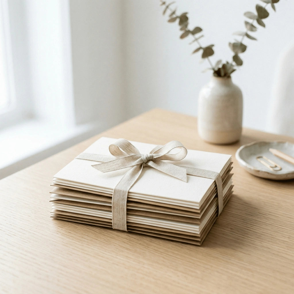 Stapel blanco wenskaarten met kraft enveloppen samengebonden met een elegant lint, symbool voor de Sam-fun wenskaartencollectie.