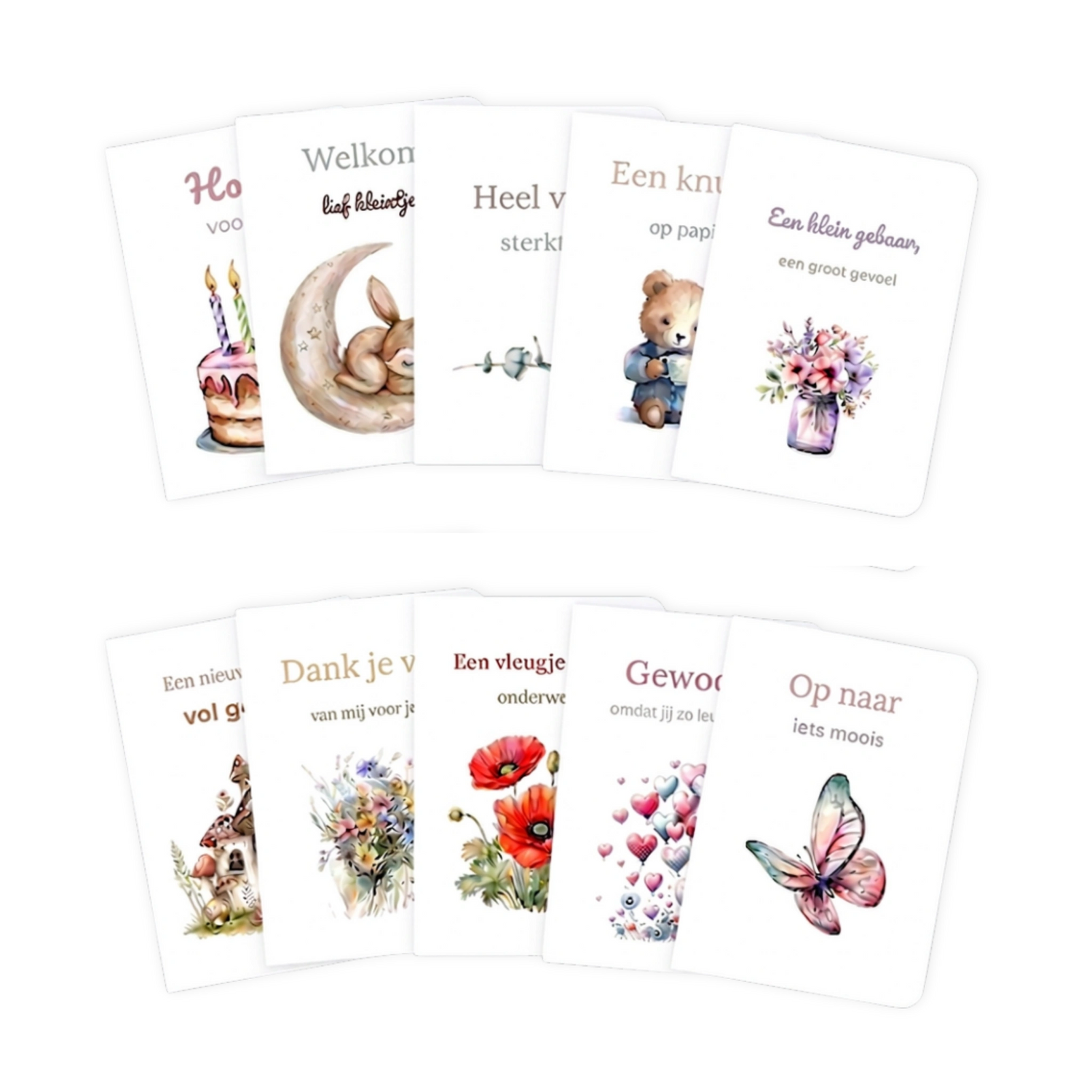Verschillende wenskaarten met illustraties en teksten