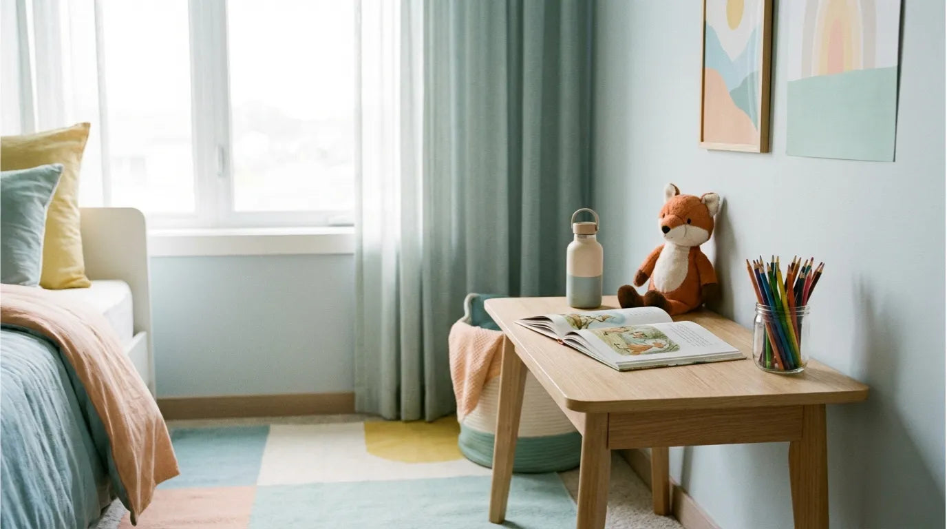 Hero image voor de collectie Schoolkinderen (6-12 jaar) - Groeikracht: rustige interieursetting met bureau, kleurrijke spullen en warme sfeer die zelfvertrouwen en groei stimuleert.