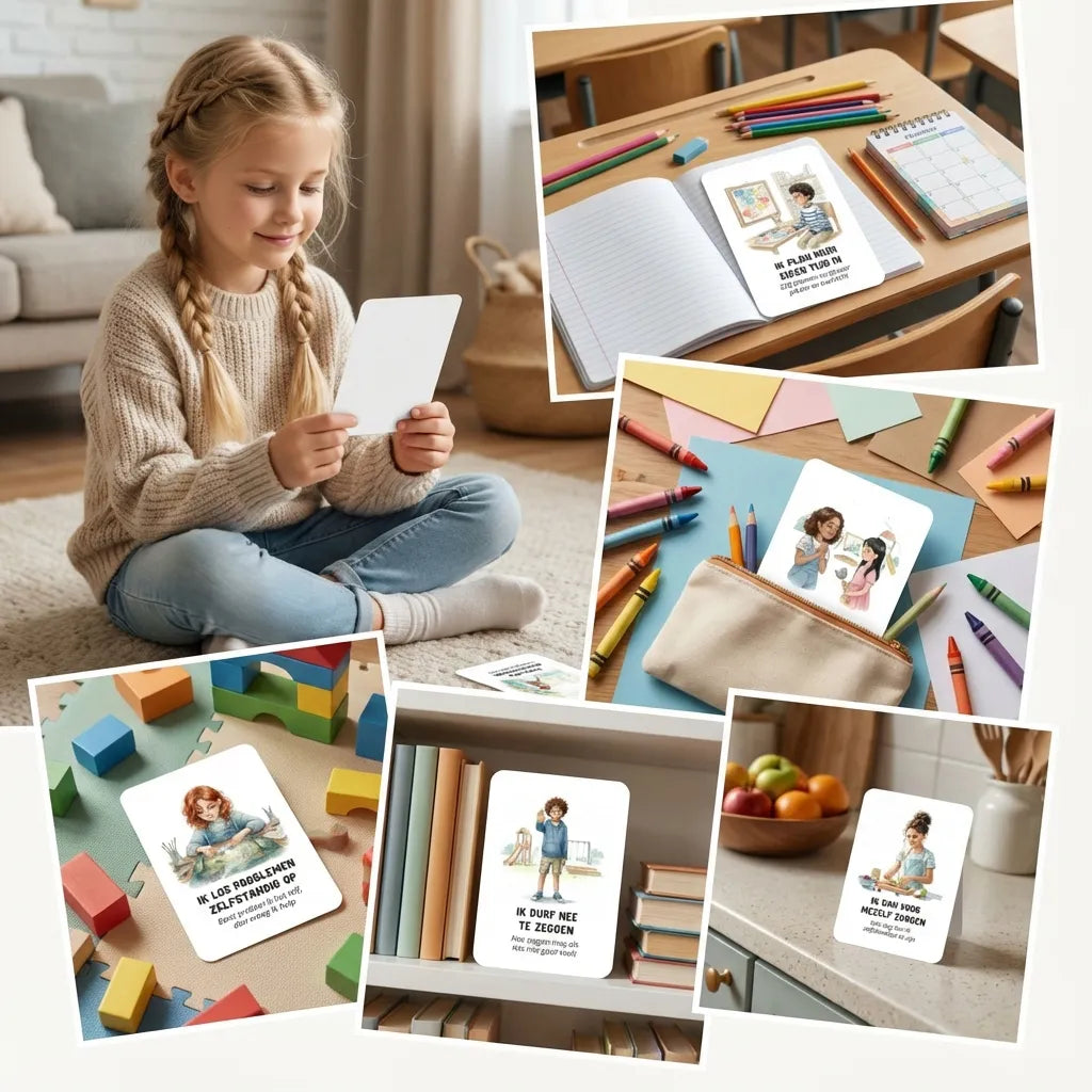 Organische collage van A7 aquarel affirmatiekaarten met subtekst voor schoolkinderen, met één 9-jarig kind dat aandachtig naar een kaart kijkt en andere kaarten verwerkt in dagelijkse speelmomenten
