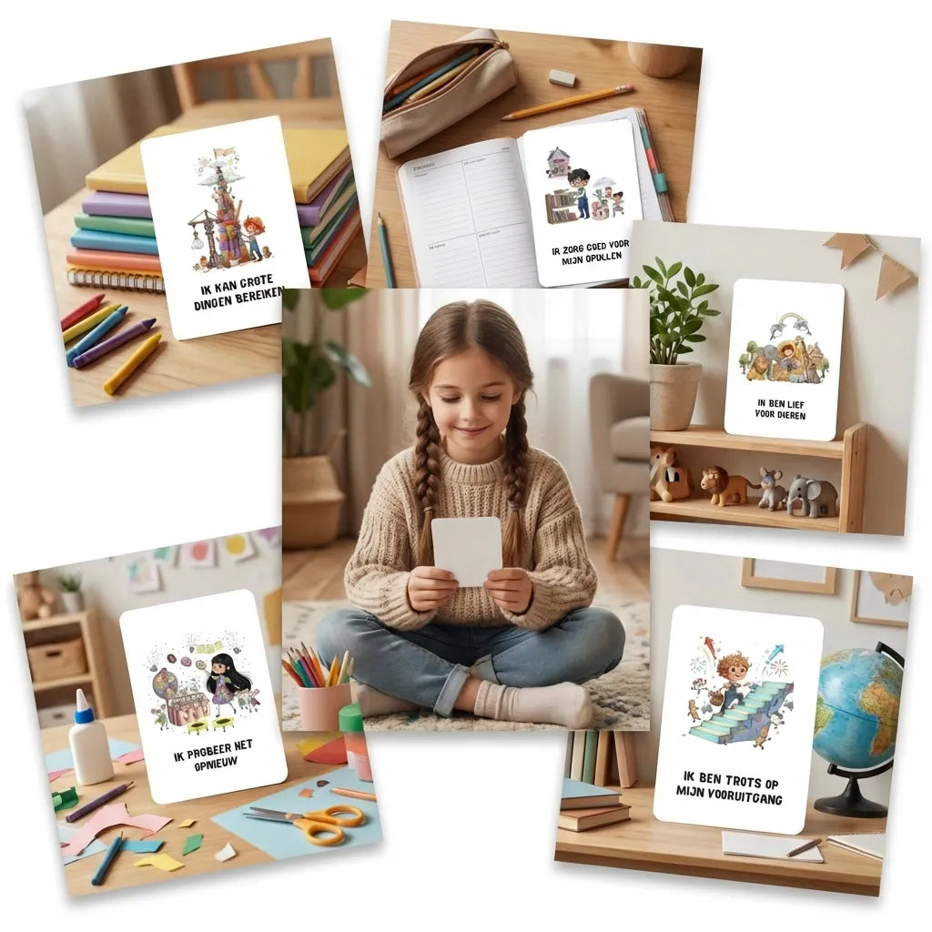 Creatieve lifestyle collage van A7 whimsical affirmatiekaarten voor schoolkinderen, met een 9-jarig kind dat een kaart vasthoudt en kaarten die speels liggen tussen kleurpotloden en schoolmateriaal