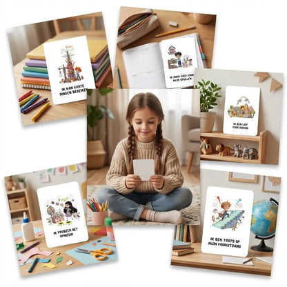 Creatieve lifestyle collage van A7 whimsical affirmatiekaarten voor schoolkinderen, met een 9-jarig kind dat een kaart vasthoudt en kaarten die speels liggen tussen kleurpotloden en schoolmateriaal